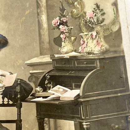 1900s - Antique French Hand-Colored Postcard - Elegant Woman Reading Letter - Belle Epoque Lady - Formal Attire - Writing Desk - Ned