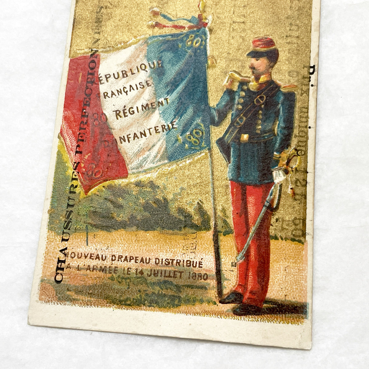 Late 19th - 3 French Advertising Chromo Cards by Jockey Club Shoemaker - Historical Military Flags and Soldiers - Vintage Ephemera