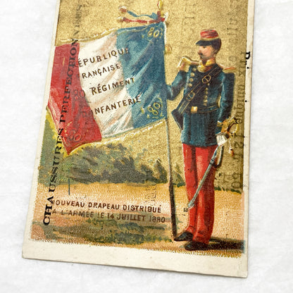 Late 19th - 3 French Advertising Chromo Cards by Jockey Club Shoemaker - Historical Military Flags and Soldiers - Vintage Ephemera