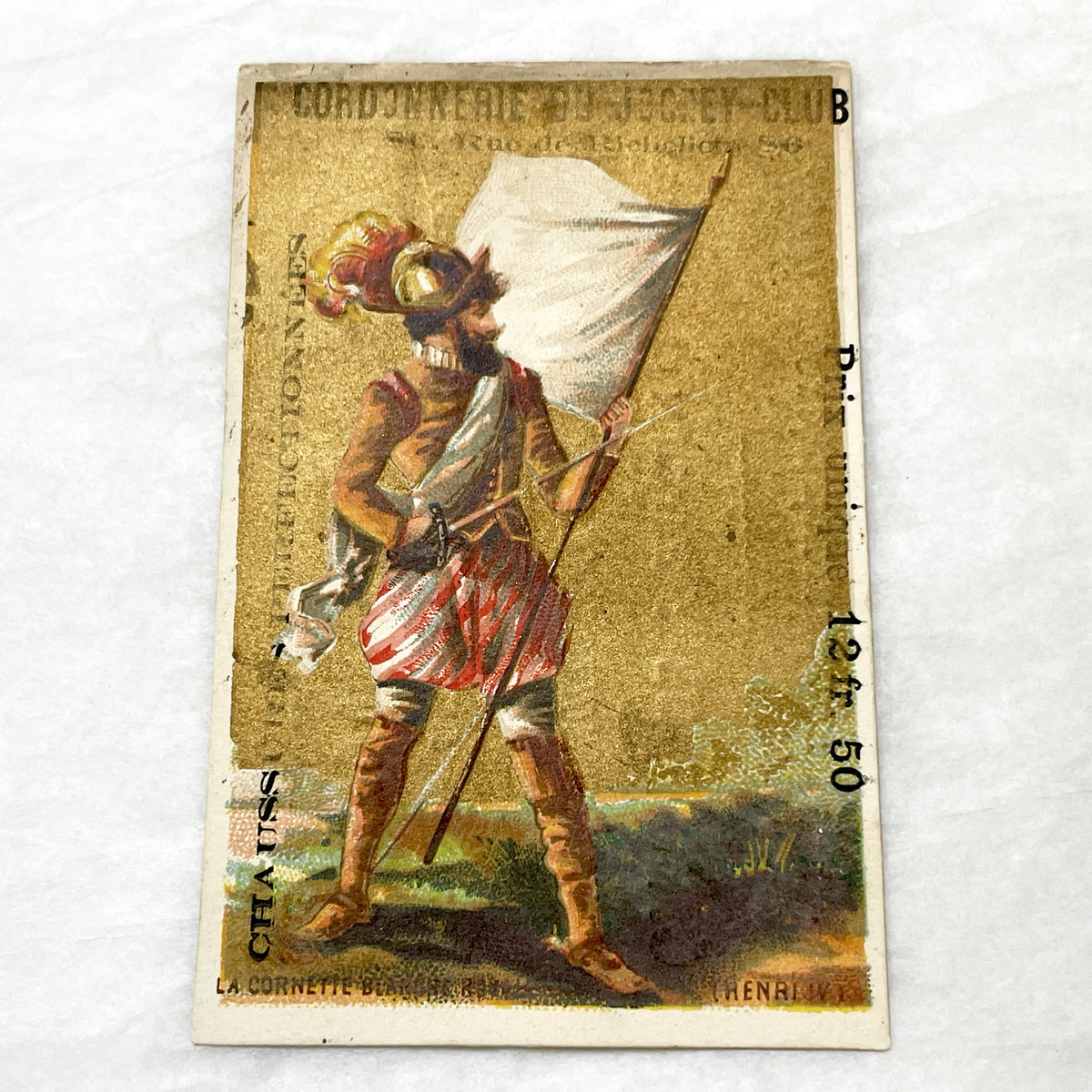 Late 19th - 3 French Advertising Chromo Cards by Jockey Club Shoemaker - Historical Military Flags and Soldiers - Vintage Ephemera
