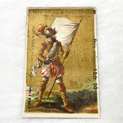 Late 19th - 3 French Advertising Chromo Cards by Jockey Club Shoemaker - Historical Military Flags and Soldiers - Vintage Ephemera