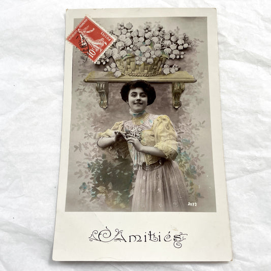 1900s - French Belle Epoque Postcard - Elegant Woman Portrait - Hand-Colored Flowers - Vintage Sentiment Card - Amities - Antique Ephemera