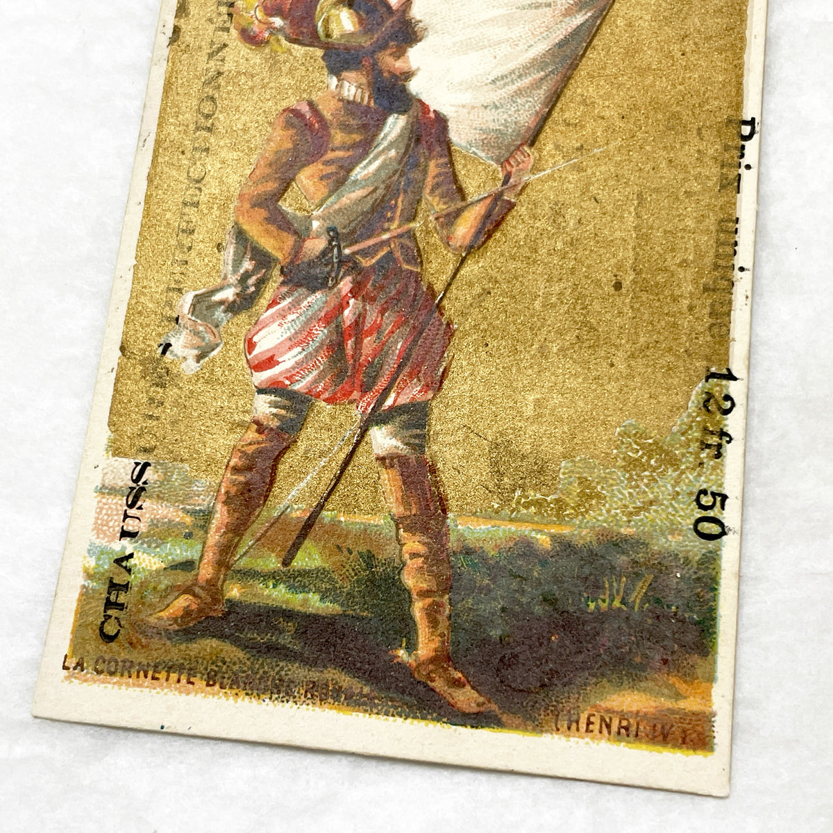 Late 19th - 3 French Advertising Chromo Cards by Jockey Club Shoemaker - Historical Military Flags and Soldiers - Vintage Ephemera
