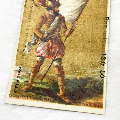 Late 19th - 3 French Advertising Chromo Cards by Jockey Club Shoemaker - Historical Military Flags and Soldiers - Vintage Ephemera