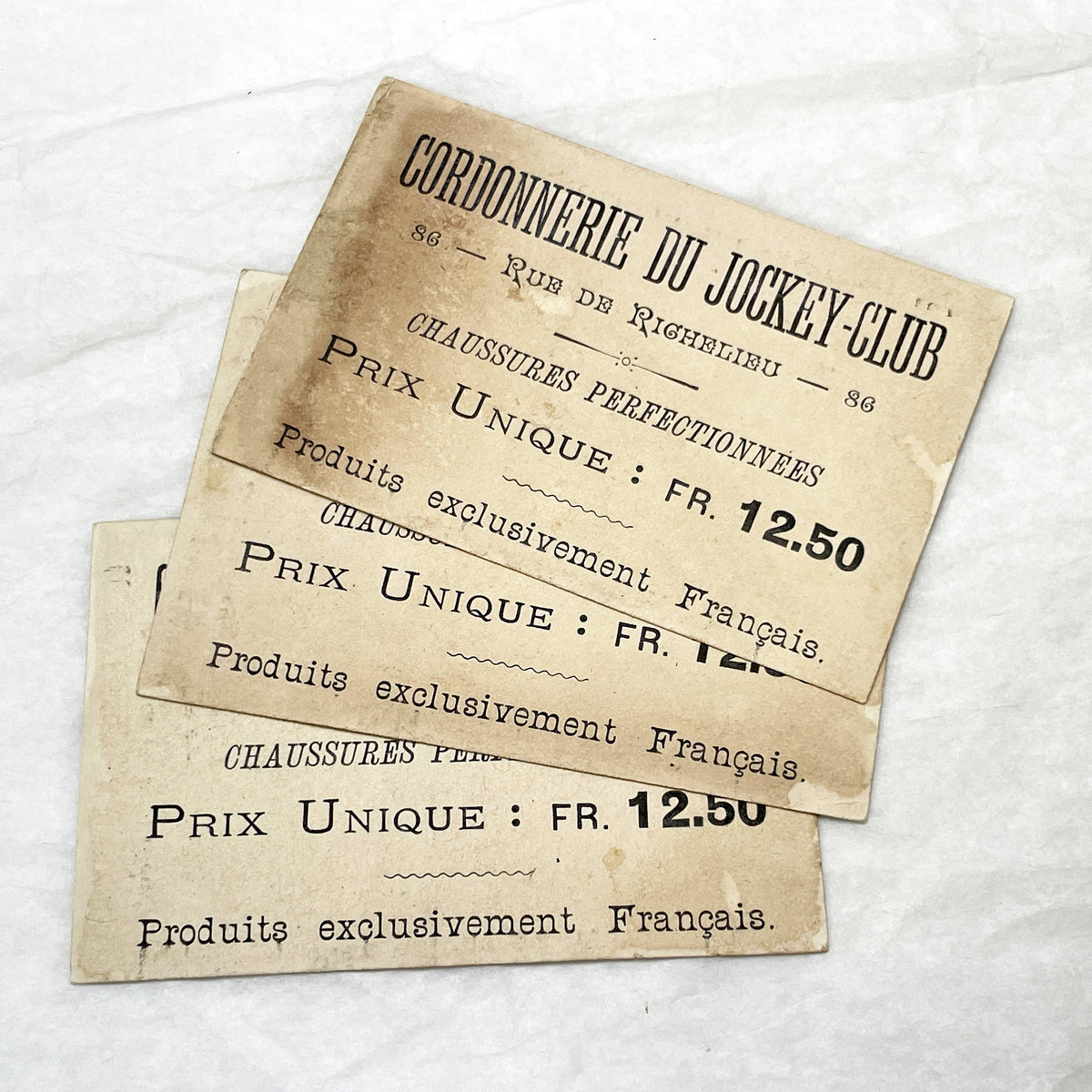 Late 19th - 3 French Advertising Chromo Cards by Jockey Club Shoemaker - Historical Military Flags and Soldiers - Vintage Ephemera
