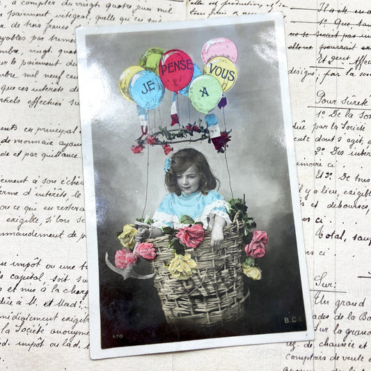 1910s - Vintage French Postcard - Hand-Colored Child Portrait - 'Je Pense Vous' Balloons - Sentimental Ephemera Decor - Antique Paper