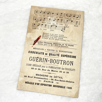 Late 19th - French Guérin-Boutron Chocolate Trade Card - Marlborough Song - Vintage Advertising Chromo - Paris Stores - Gold Medal 1889