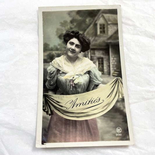 1900s - Antique French Hand-Colored Postcard - Beautiful Woman Portrait - Amities Sentiment - Edwardian Era Ephemera - Vintage Card Art