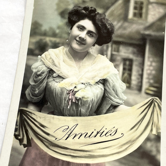 1900s - Antique French Hand-Colored Postcard - Beautiful Woman Portrait - Amities Sentiment - Edwardian Era Ephemera - Vintage Card Art