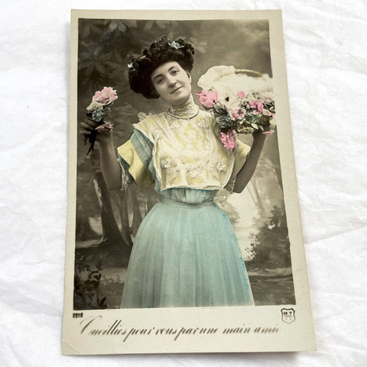 1910s - Beautiful Hand-Colored French Postcard - Elegant Lady With Pink Flowers - Vintage Fashion Portrait - Collectible Art Nouveau