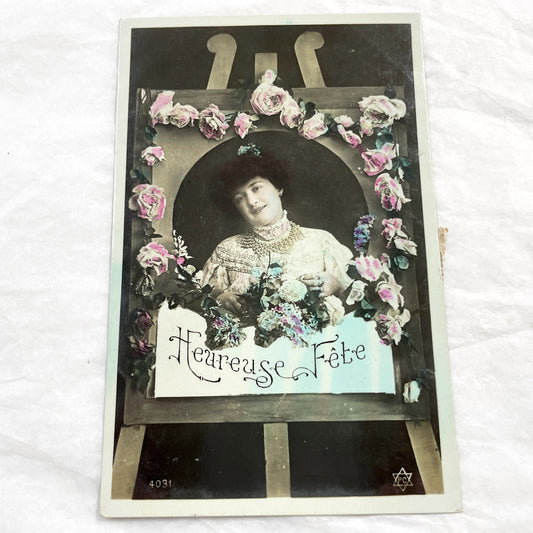 1910s - Antique French Postcard - Elegant Woman Portrait - Hand-Colored Roses - Heureuse Fête Celebration - Vintage Edwardian Card