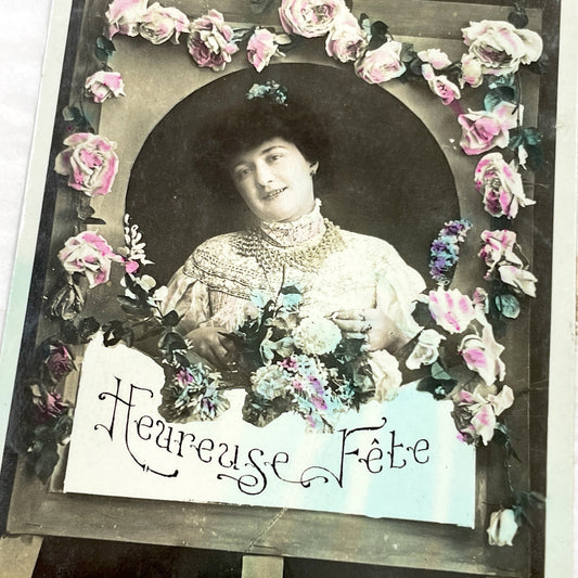 1910s - Antique French Postcard - Elegant Woman Portrait - Hand-Colored Roses - Heureuse Fête Celebration - Vintage Edwardian Card