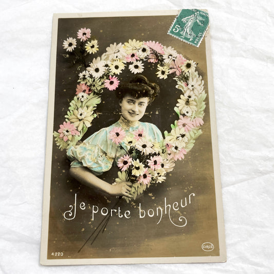 1900s - French Belle Epoque Good Luck Postcard - Young Woman Floral Wreath Portrait - Hand-Colored Daisies - Antique collectible