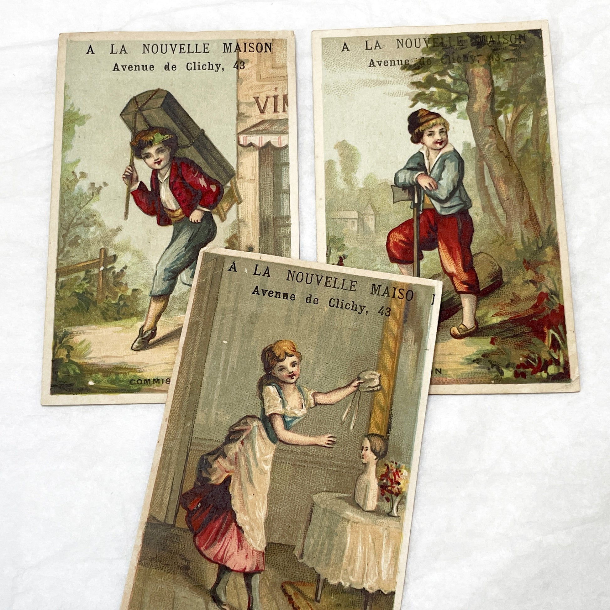 Late 19th - 3 French Advertising Cards with Parisian Trades -  Lingerie - Woodcutter - Carrier - Collectible Ephemera