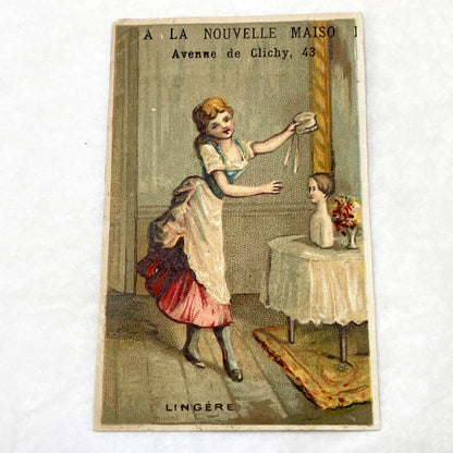 Late 19th - 3 French Advertising Cards with Parisian Trades -  Lingerie - Woodcutter - Carrier - Collectible Ephemera