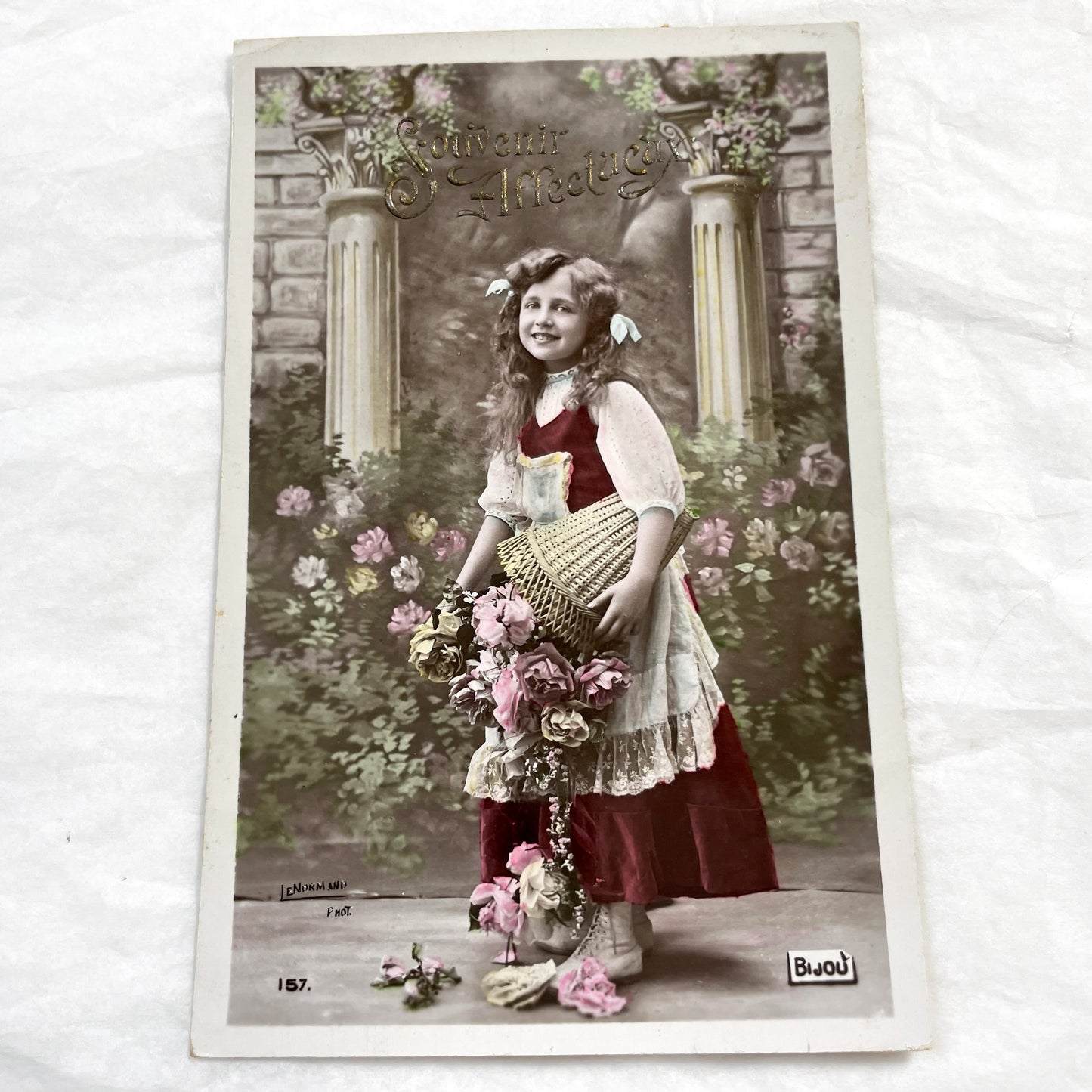 1900s - Vintage French Postcard - Young Girl With Rose Basket - Souvenir Affectueux Antique Greeting Card - Hand Tinted Edwardian Art