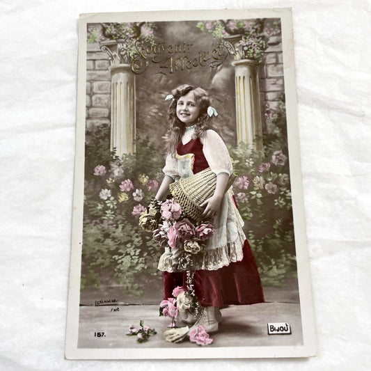 1900s - Vintage French Postcard - Young Girl With Rose Basket - Souvenir Affectueux Antique Greeting Card - Hand Tinted Edwardian Art