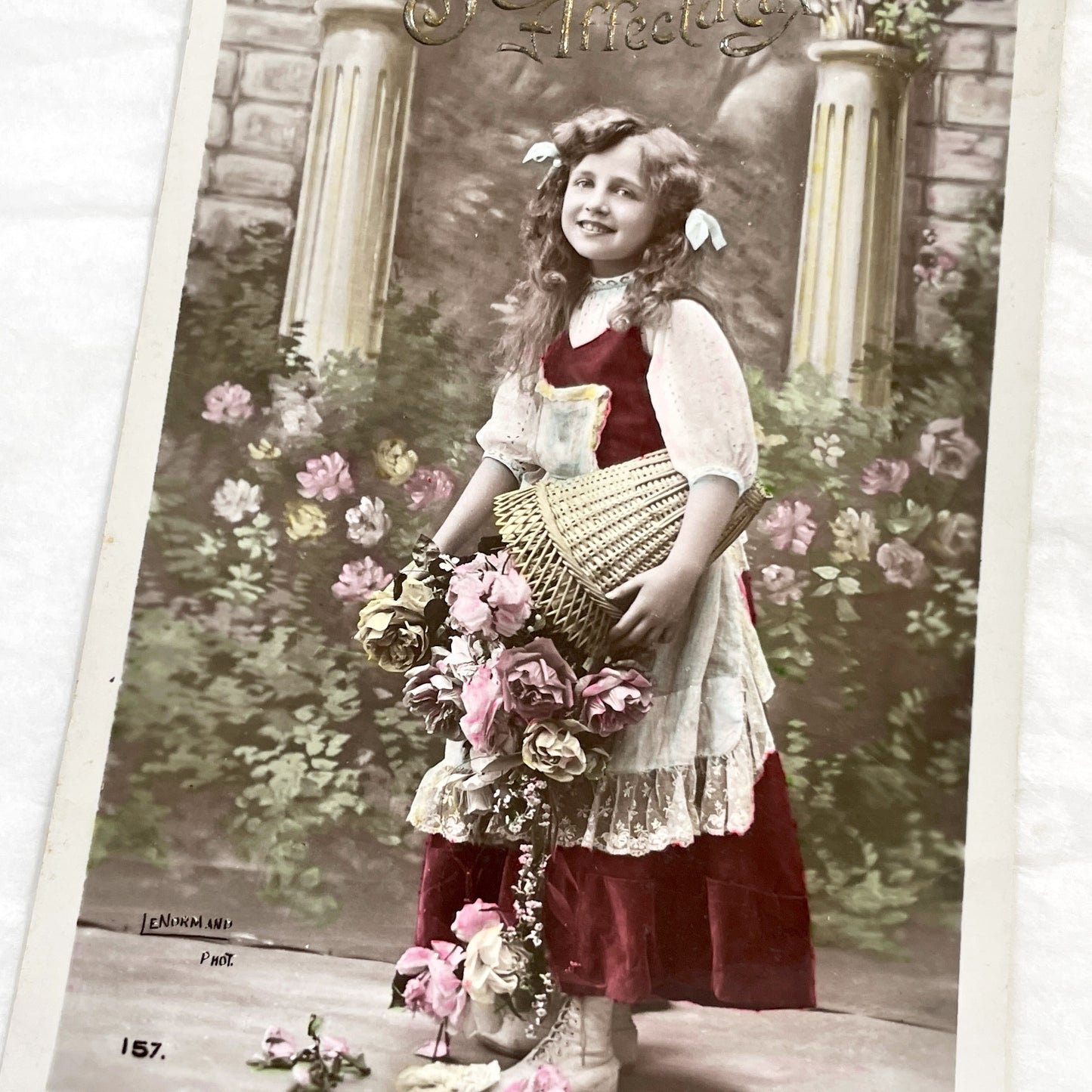 1900s - Vintage French Postcard - Young Girl With Rose Basket - Souvenir Affectueux Antique Greeting Card - Hand Tinted Edwardian Art