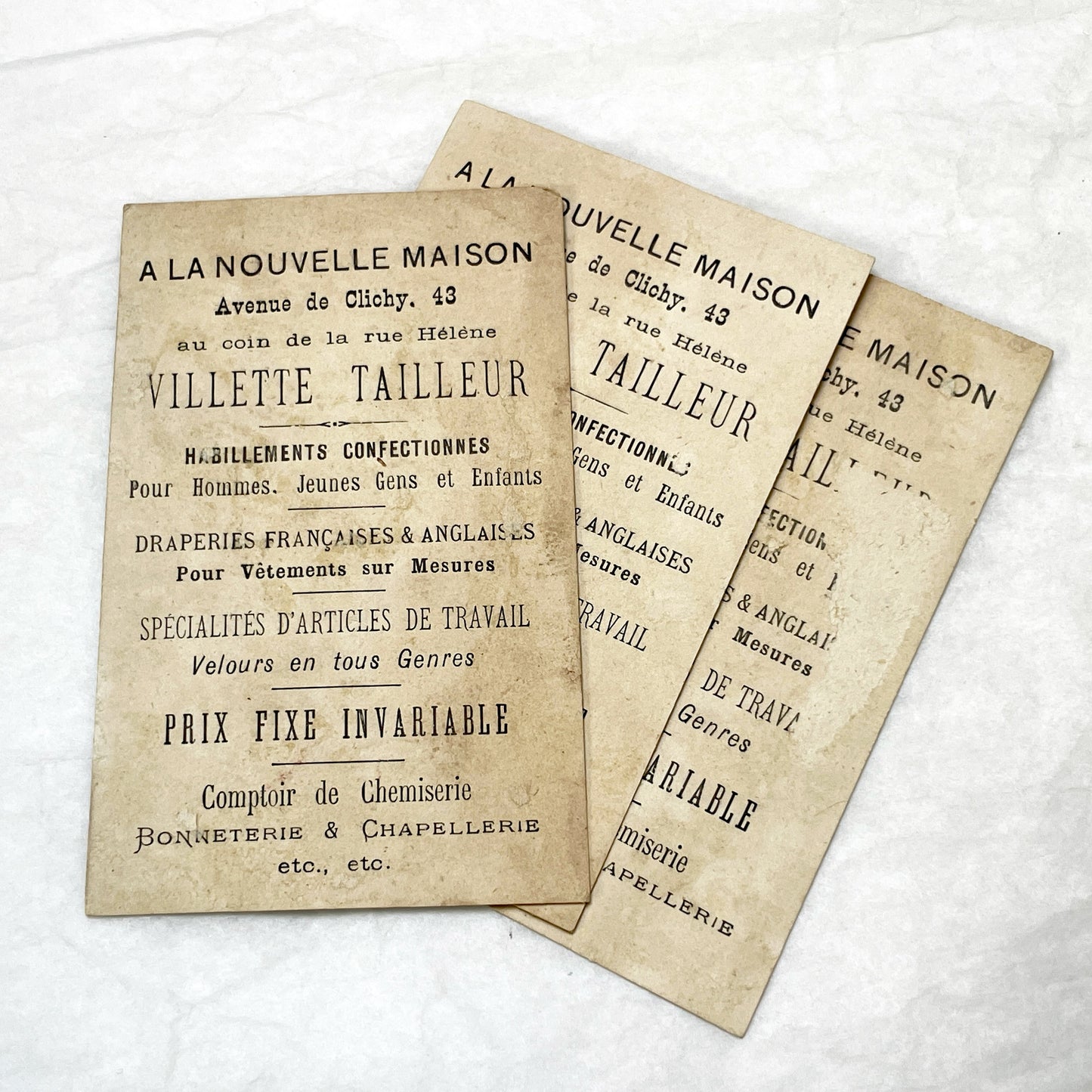 Late 19th - 3 French Advertising Cards with Parisian Trades -  Lingerie - Woodcutter - Carrier - Collectible Ephemera