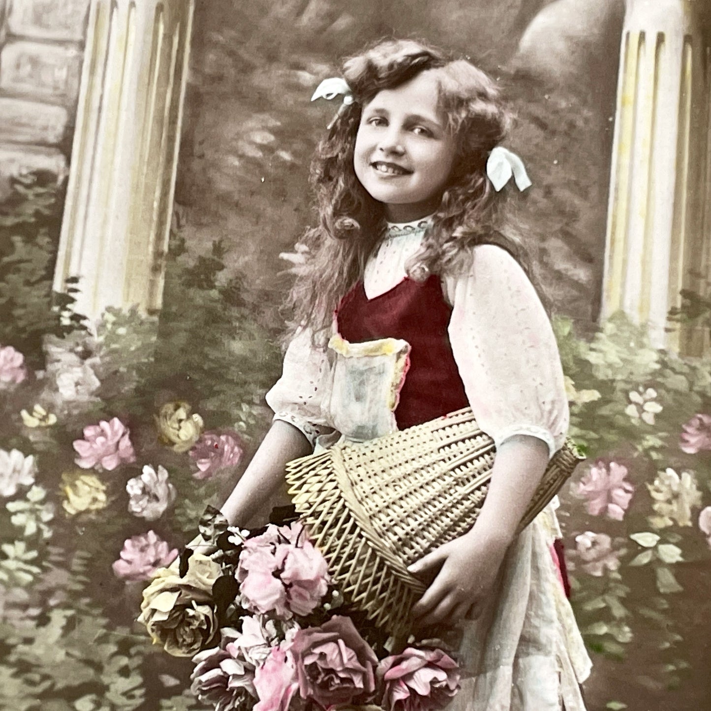 1900s - Vintage French Postcard - Young Girl With Rose Basket - Souvenir Affectueux Antique Greeting Card - Hand Tinted Edwardian Art