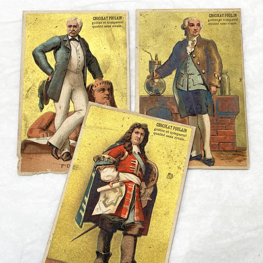 Late 19th - 3 Chocolat Poulain French Advertising Cards - Historical Figures - Vauban Lavoisier De Lesseps - Vintage Ephemera Collectibles