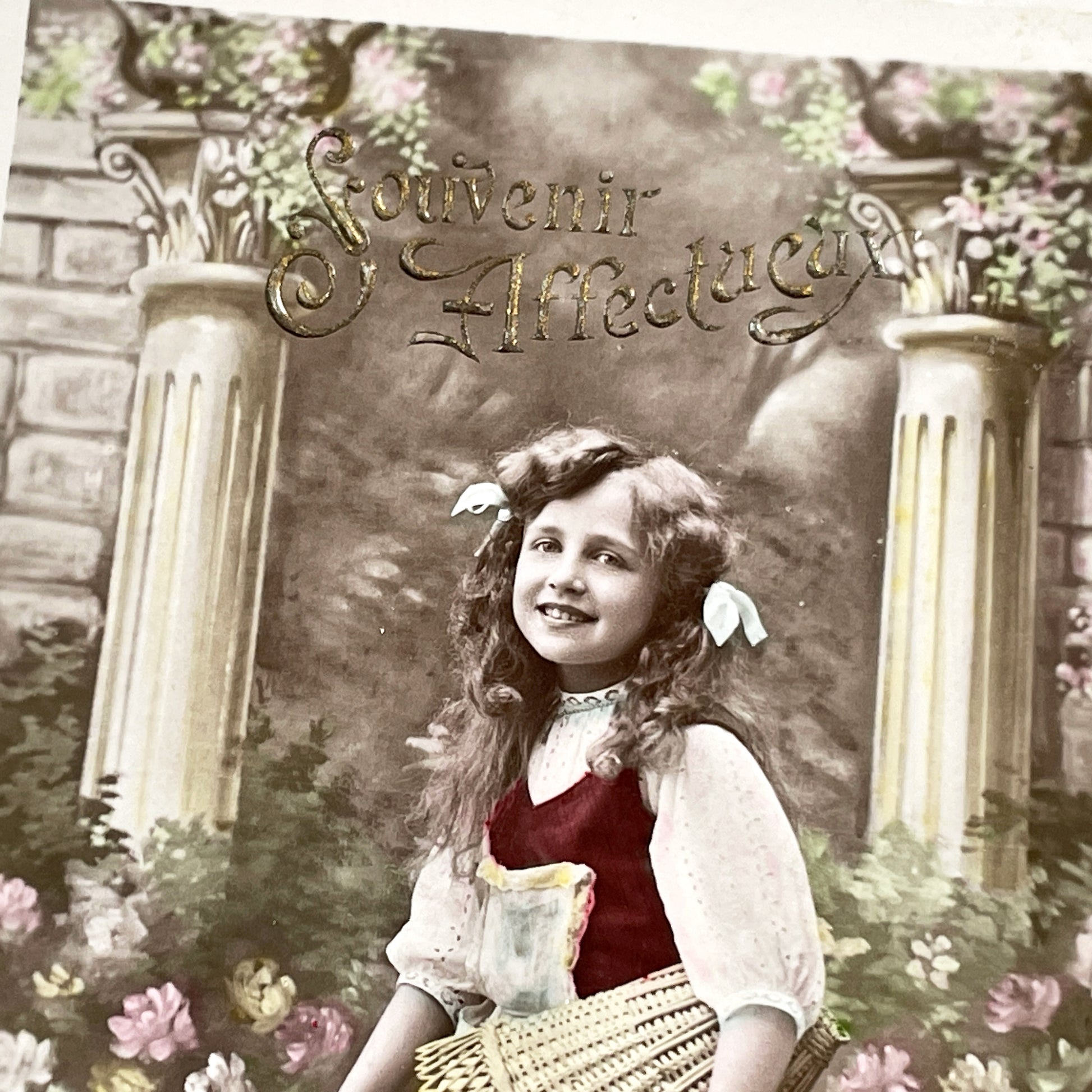 1900s - Vintage French Postcard - Young Girl With Rose Basket - Souvenir Affectueux Antique Greeting Card - Hand Tinted Edwardian Art