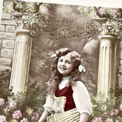 1900s - Vintage French Postcard - Young Girl With Rose Basket - Souvenir Affectueux Antique Greeting Card - Hand Tinted Edwardian Art