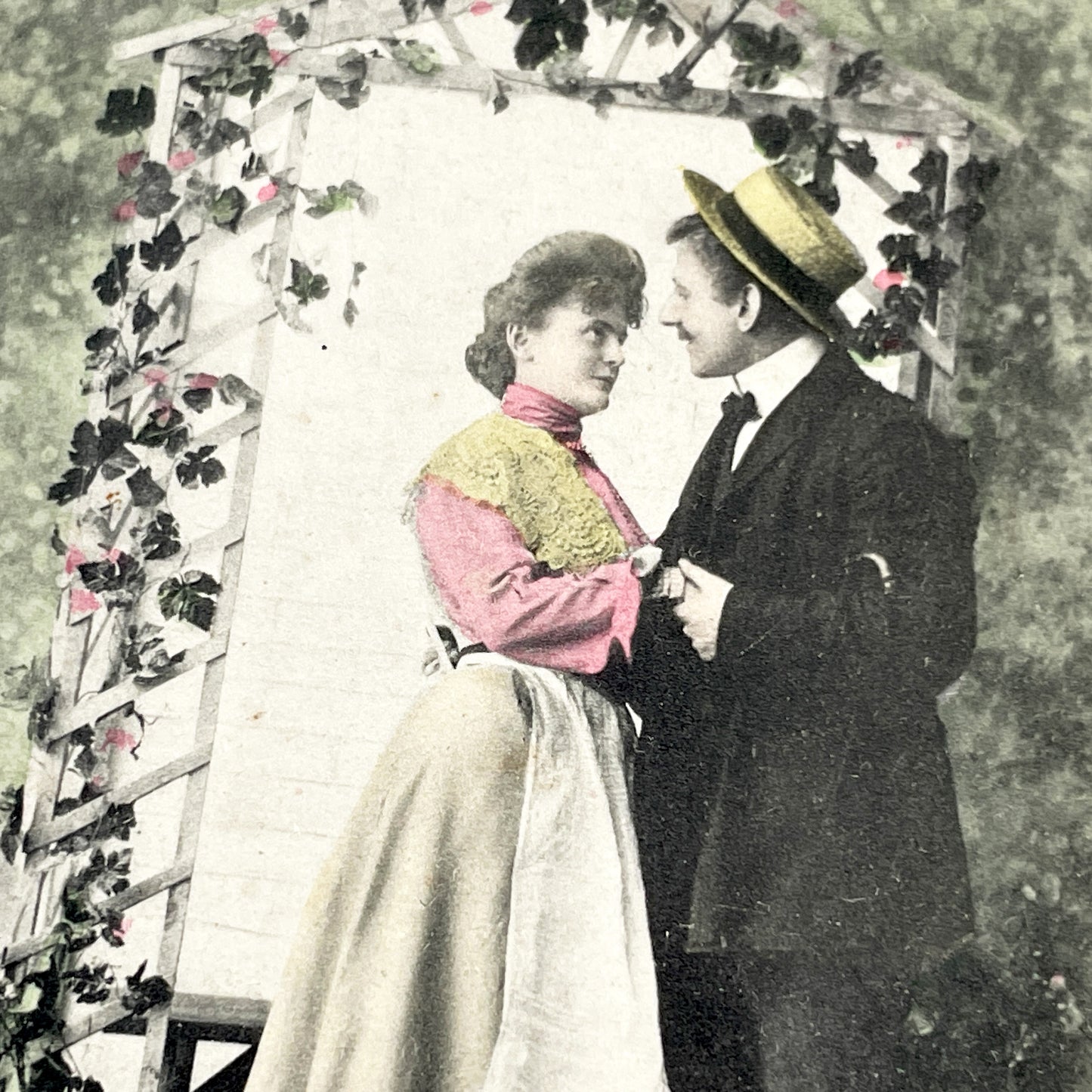 1900s - Vintage Hand-Tinted Postcard - Romantic Couple Under Arbor - 'Aurelia' Caption - Edwardian Era Lovers - Antique Collectible