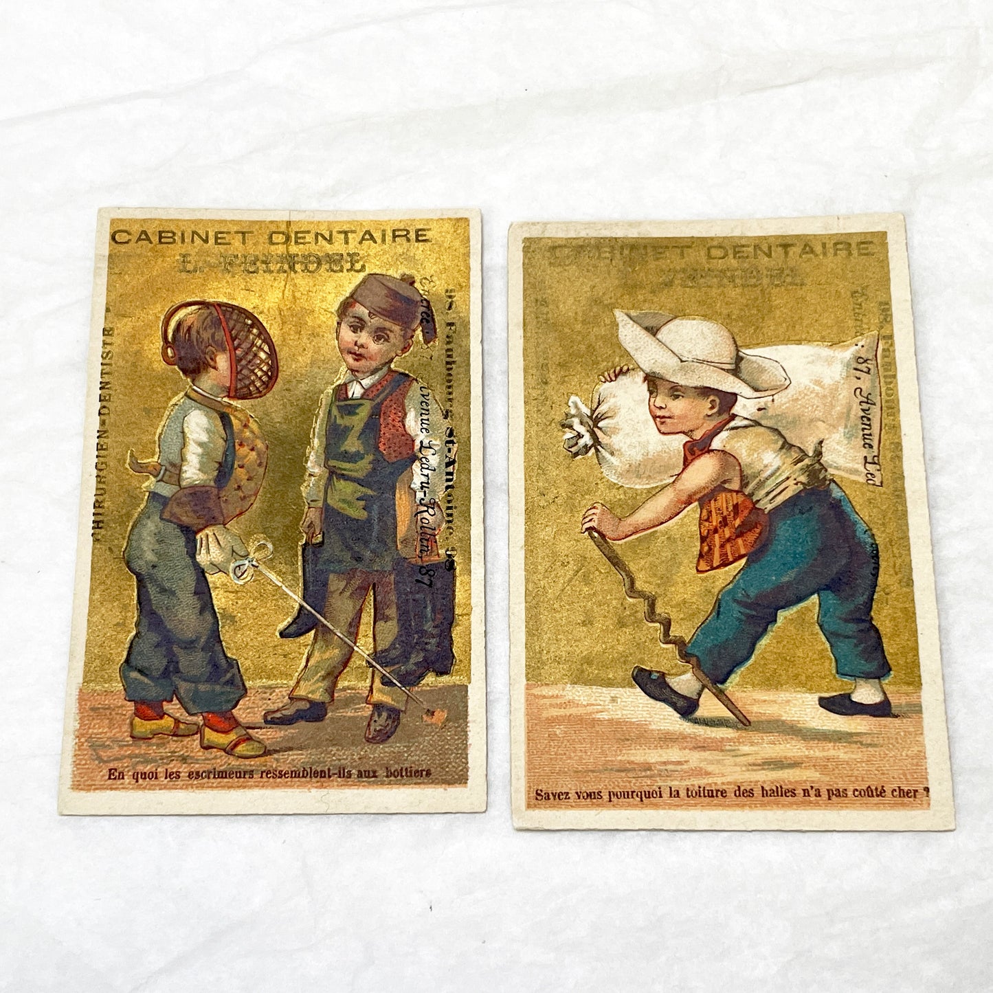 Late 19th - 2 French Dental Practice Trade Cards - Children's Riddles - Vintage Advertising Ephemera - L. Feindel Dentist