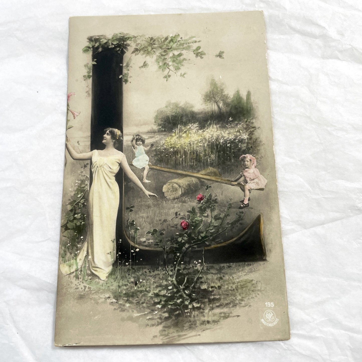 1900s - Art Nouveau Postcard - Elegant Woman Children Seesaw - Idyllic Pastoral Scene - Musterschutz Marked