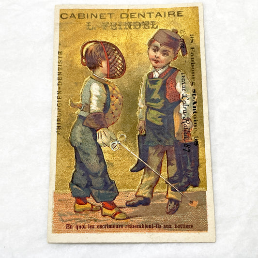 Late 19th - 2 French Dental Practice Trade Cards - Children's Riddles - Vintage Advertising Ephemera - L. Feindel Dentist