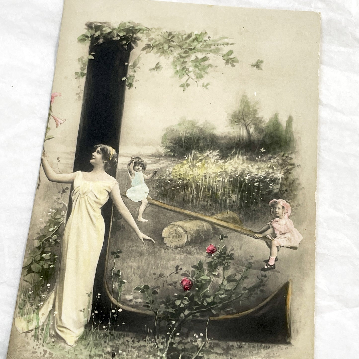 1900s - Art Nouveau Postcard - Elegant Woman Children Seesaw - Idyllic Pastoral Scene - Musterschutz Marked