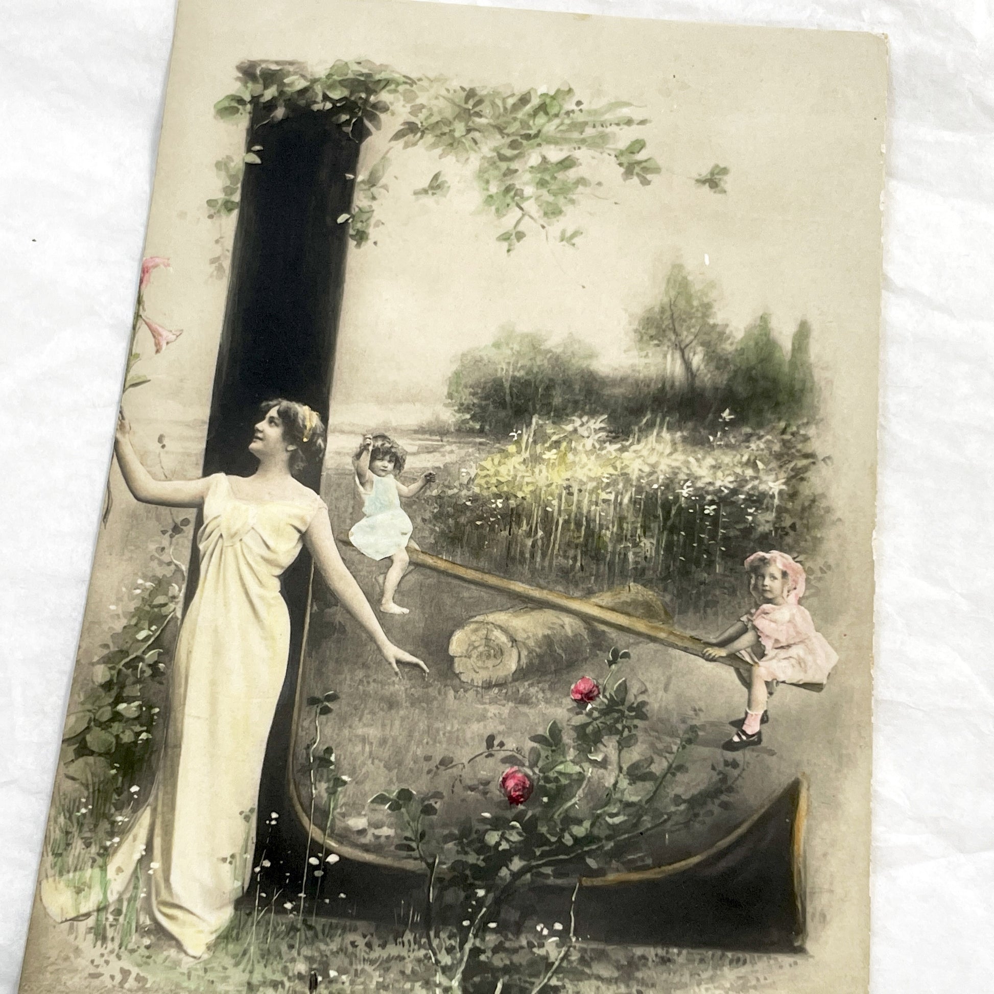 1900s - Art Nouveau Postcard - Elegant Woman Children Seesaw - Idyllic Pastoral Scene - Musterschutz Marked