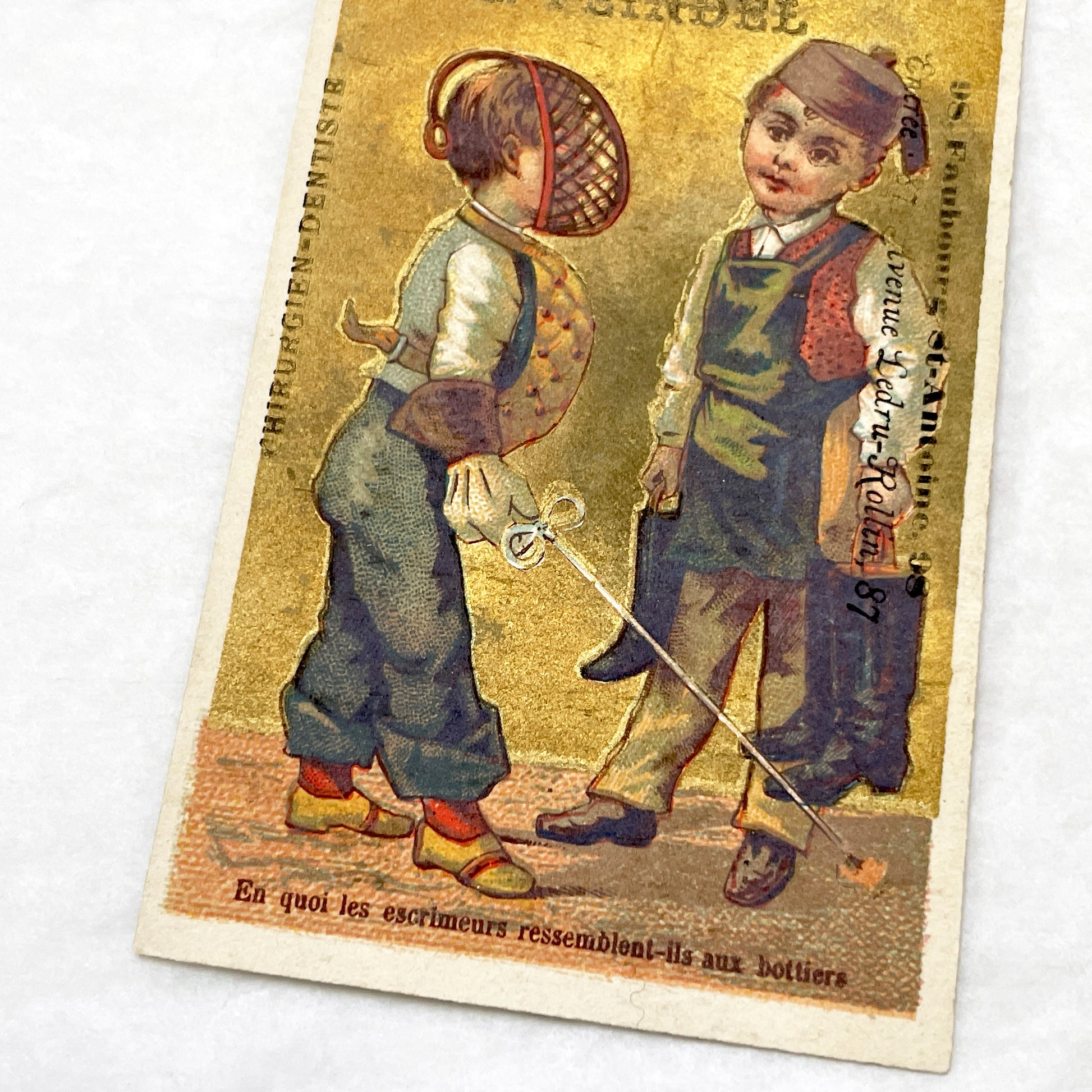 Late 19th - 2 French Dental Practice Trade Cards - Children's Riddles - Vintage Advertising Ephemera - L. Feindel Dentist