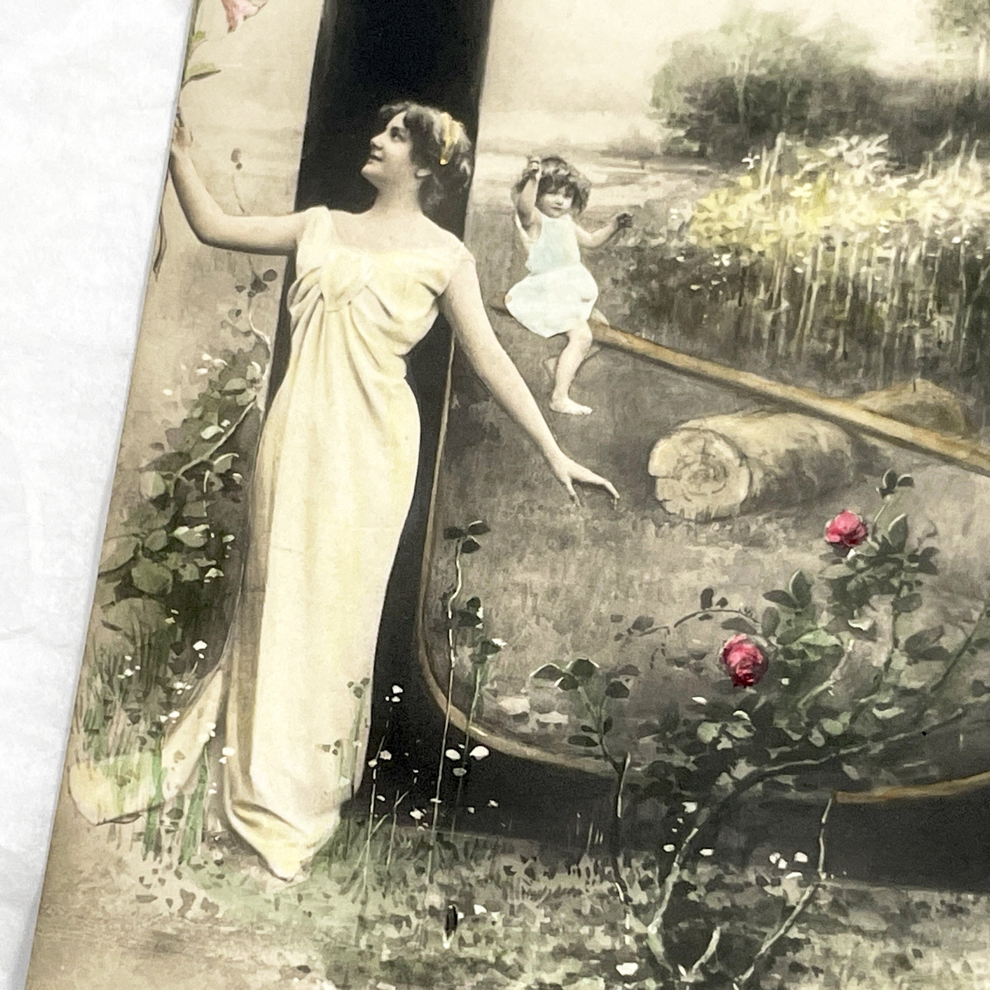 1900s - Art Nouveau Postcard - Elegant Woman Children Seesaw - Idyllic Pastoral Scene - Musterschutz Marked