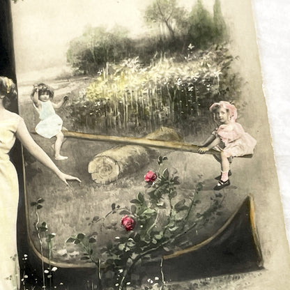 1900s - Art Nouveau Postcard - Elegant Woman Children Seesaw - Idyllic Pastoral Scene - Musterschutz Marked