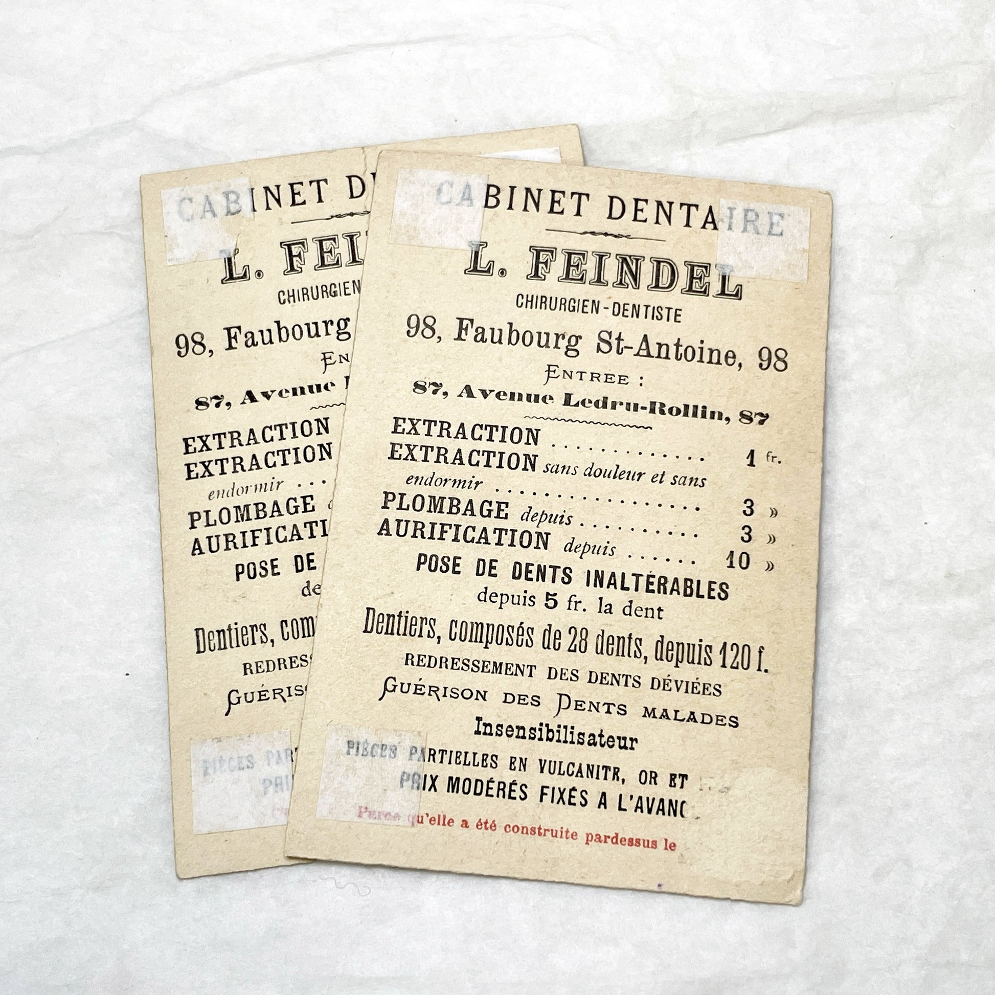 Late 19th - 2 French Dental Practice Trade Cards - Children's Riddles - Vintage Advertising Ephemera - L. Feindel Dentist