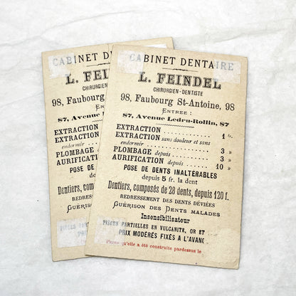 Late 19th - 2 French Dental Practice Trade Cards - Children's Riddles - Vintage Advertising Ephemera - L. Feindel Dentist