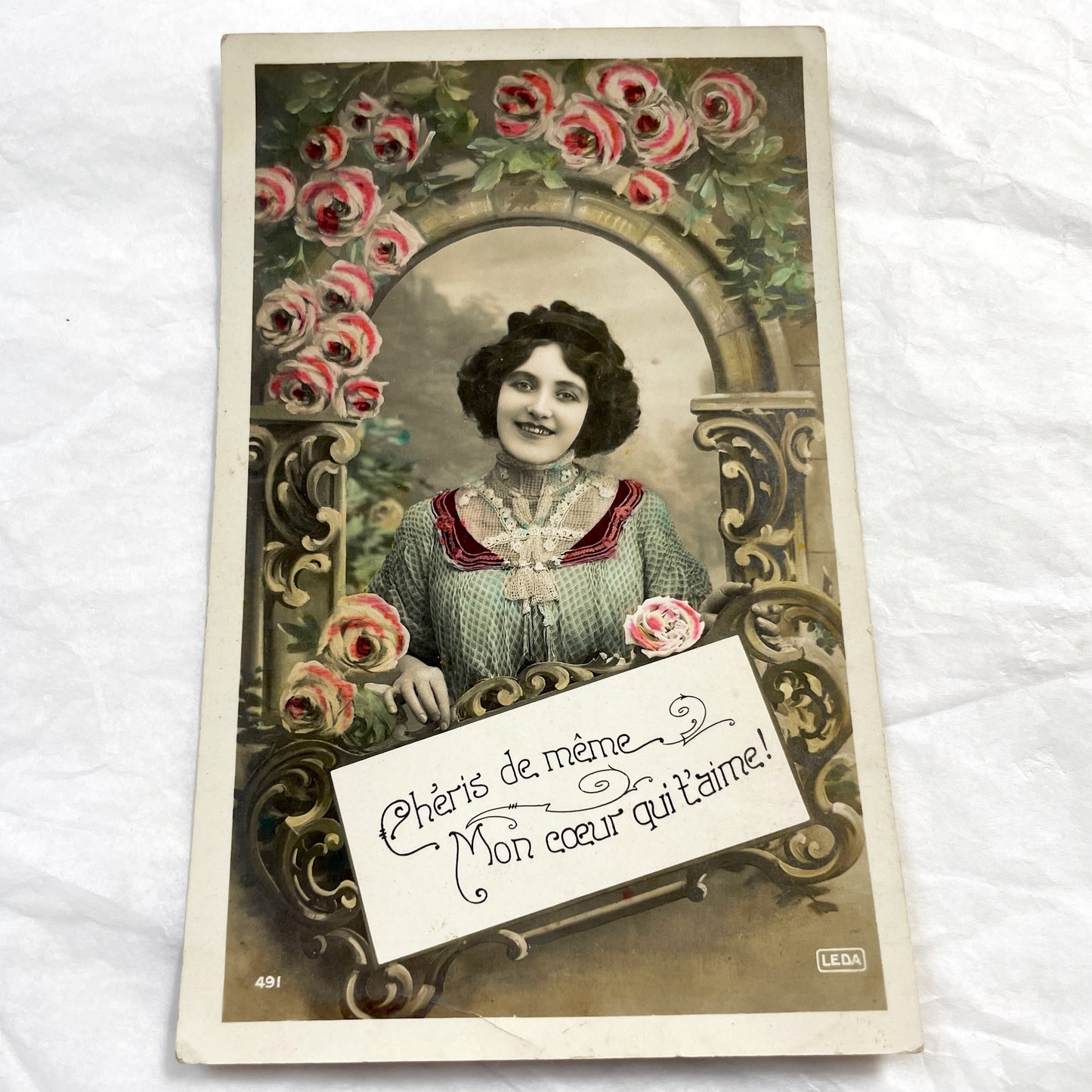 1900s - French Valentine Postcard - Romantic Woman Portrait - Painted Roses Archway - Vintage Love Sentiment - Belle Époque Greeting Card