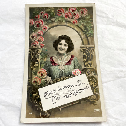 1900s - French Valentine Postcard - Romantic Woman Portrait - Painted Roses Archway - Vintage Love Sentiment - Belle Époque Greeting Card