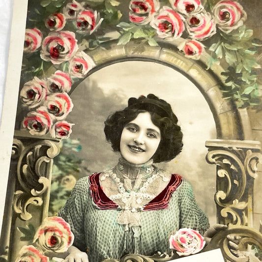 1900s - French Valentine Postcard - Romantic Woman Portrait - Painted Roses Archway - Vintage Love Sentiment - Belle Époque Greeting Card