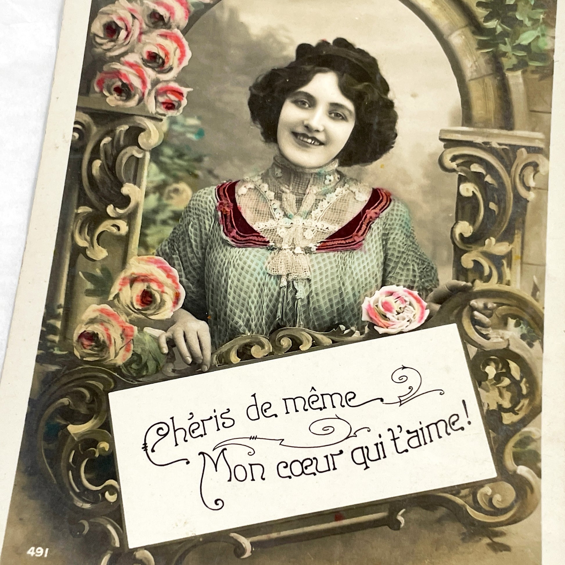 1900s - French Valentine Postcard - Romantic Woman Portrait - Painted Roses Archway - Vintage Love Sentiment - Belle Époque Greeting Card