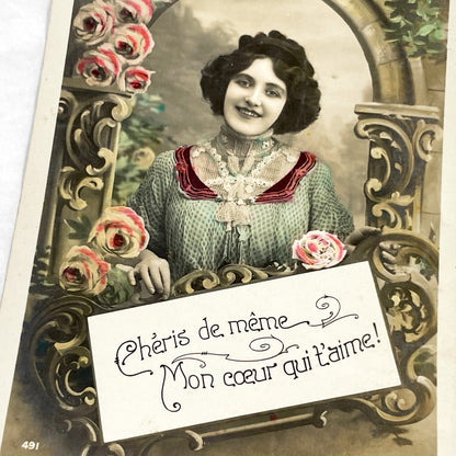 1900s - French Valentine Postcard - Romantic Woman Portrait - Painted Roses Archway - Vintage Love Sentiment - Belle Époque Greeting Card
