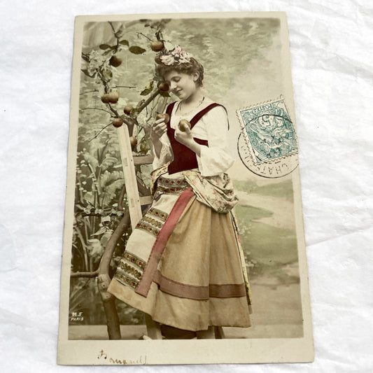 1900s - Antique French Postcard - Hand-Colored Woman Picking Apples On Ladder - Chateau-Gombert - Vintage Fruit Harvest Scene Photography