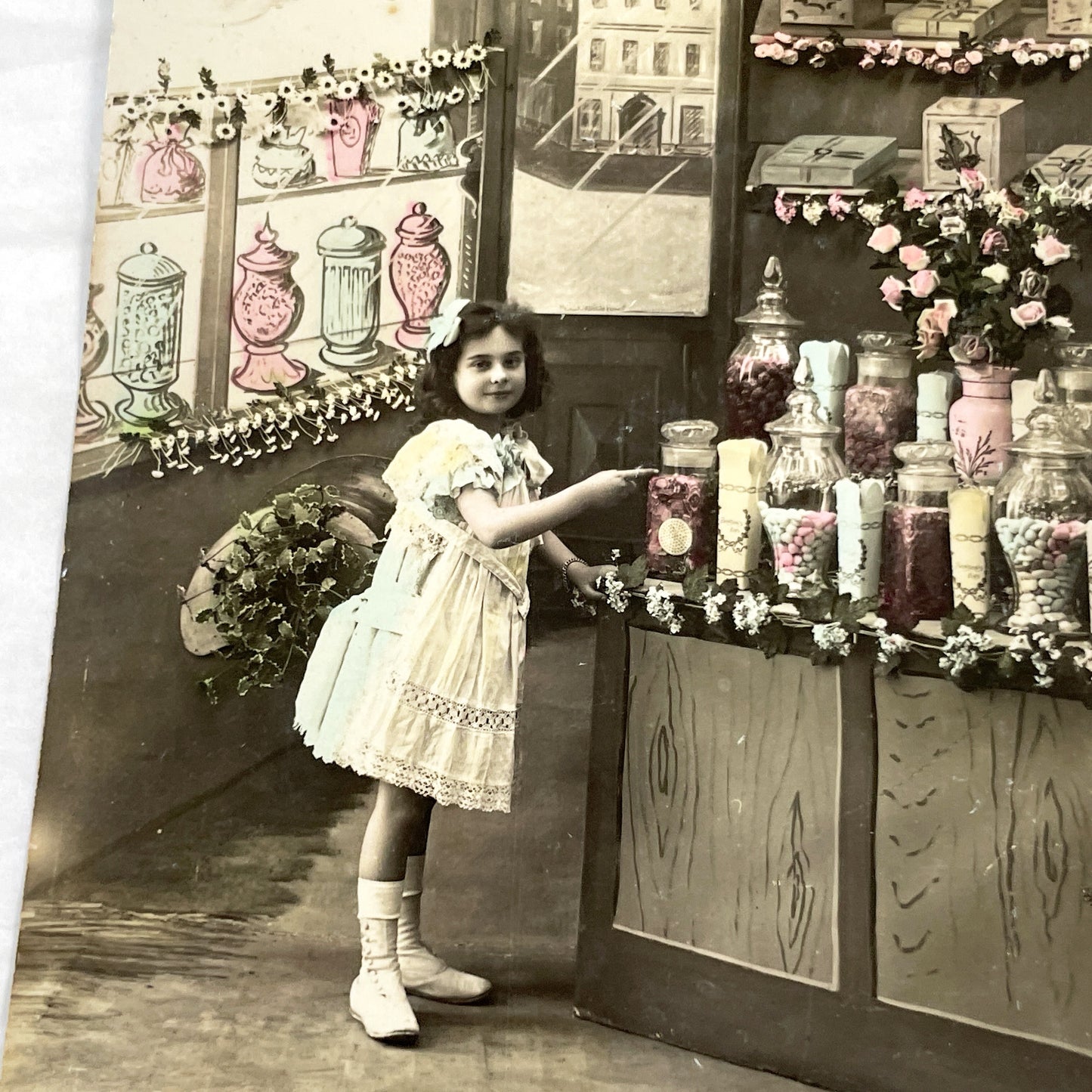 1910s - French Postcard Little Girl Candy Shop Paris Hand-Tinted Sepia Photo - Vintage New Year Greeting Card Ephemera Collectible