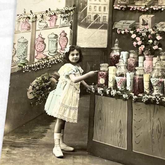 1910s - French Postcard Little Girl Candy Shop Paris Hand-Tinted Sepia Photo - Vintage New Year Greeting Card Ephemera Collectible