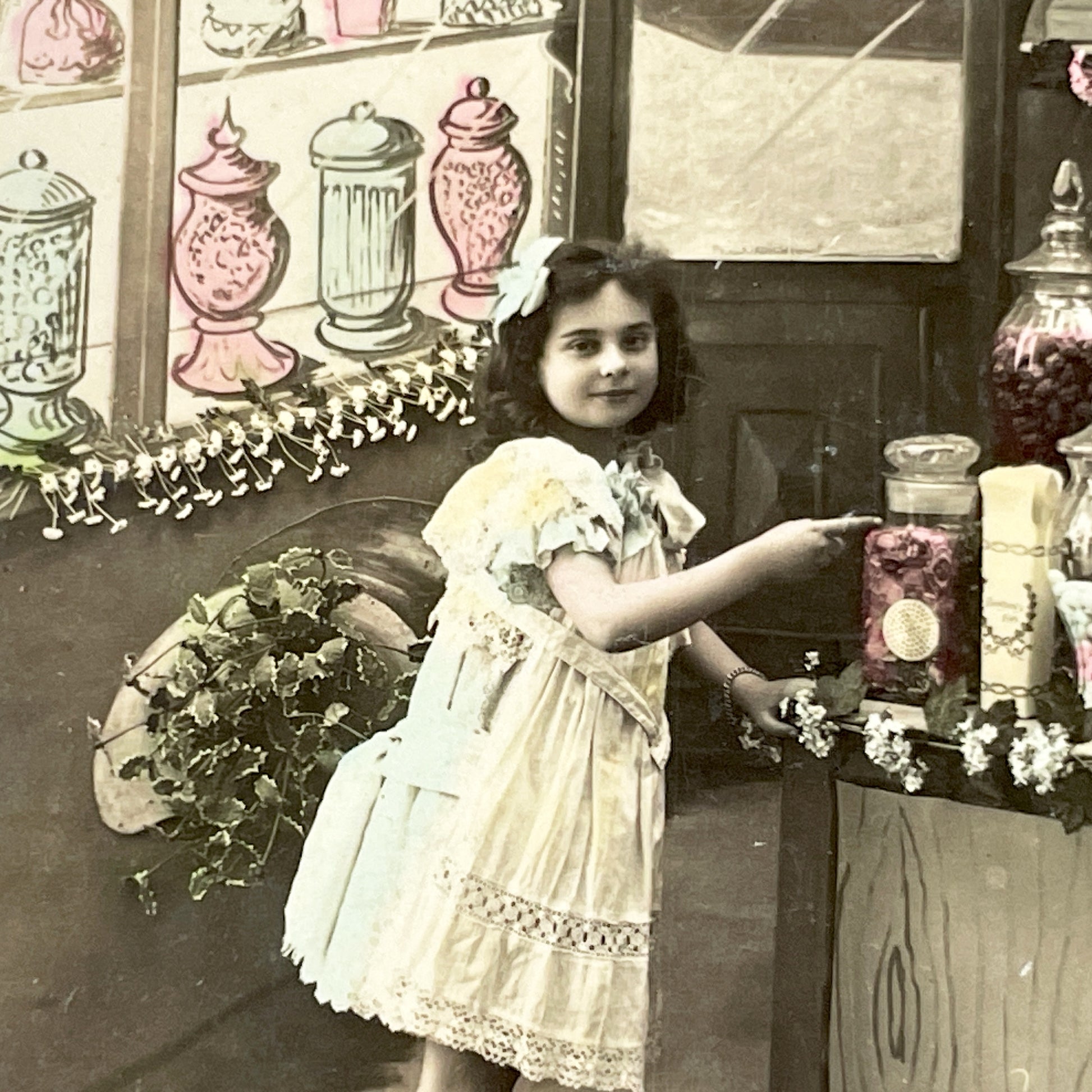 1910s - French Postcard Little Girl Candy Shop Paris Hand-Tinted Sepia Photo - Vintage New Year Greeting Card Ephemera Collectible