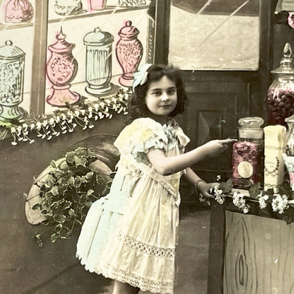 1910s - French Postcard Little Girl Candy Shop Paris Hand-Tinted Sepia Photo - Vintage New Year Greeting Card Ephemera Collectible