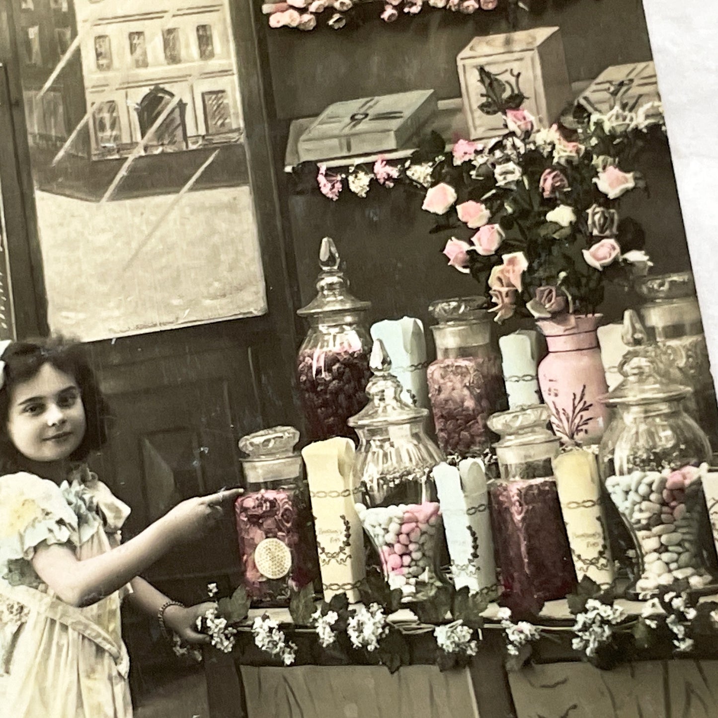 1910s - French Postcard Little Girl Candy Shop Paris Hand-Tinted Sepia Photo - Vintage New Year Greeting Card Ephemera Collectible