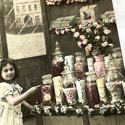 1910s - French Postcard Little Girl Candy Shop Paris Hand-Tinted Sepia Photo - Vintage New Year Greeting Card Ephemera Collectible
